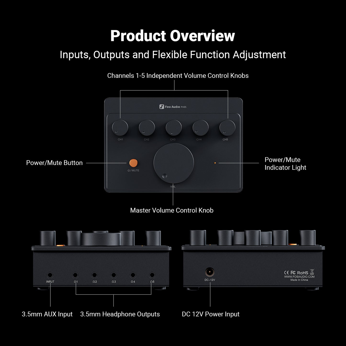 Fosi Audio Amplifier Headphone Splitter 5 Channel Independent Control - PH05