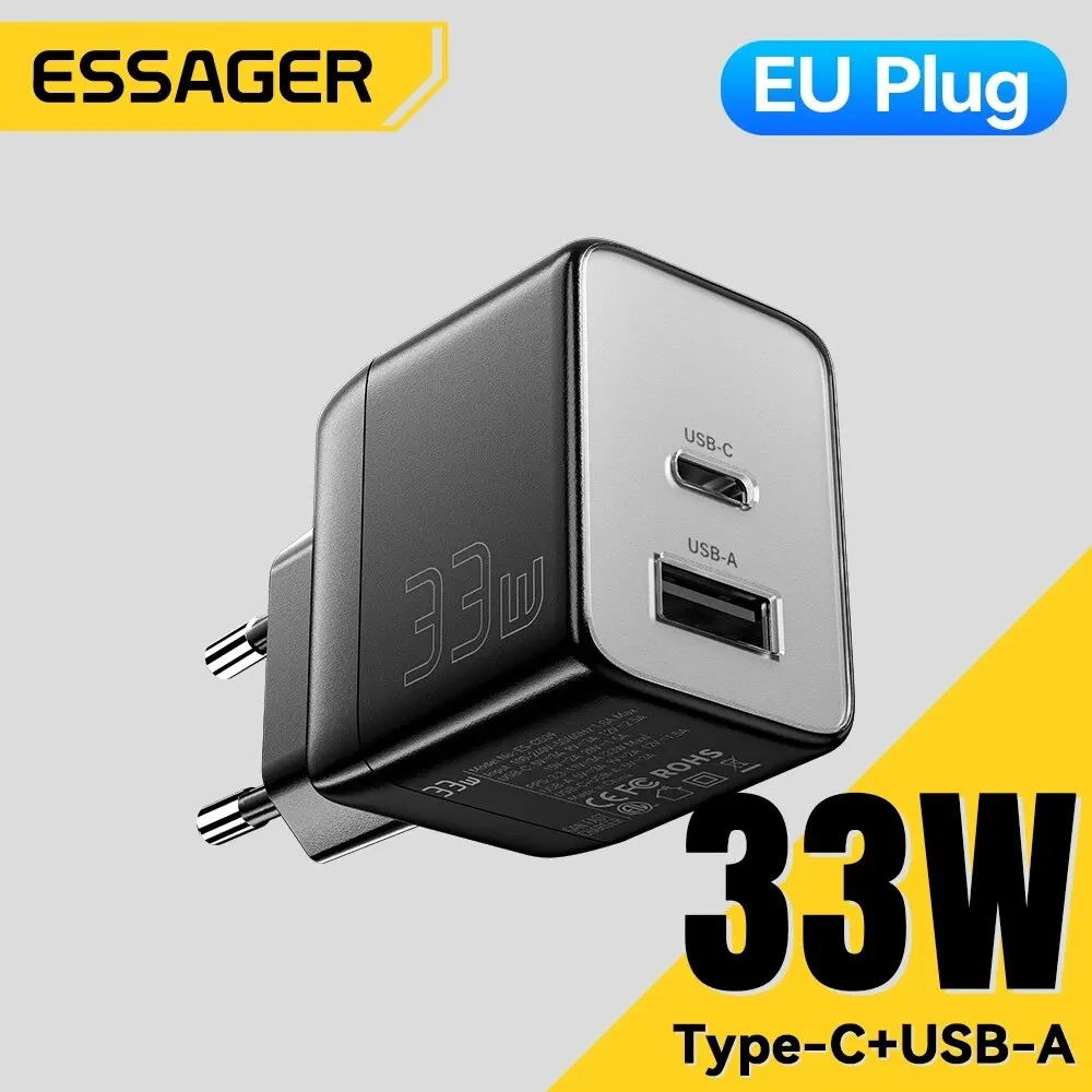 ESSAGER Kepala Charger Fast Charging GaN Dual Port PD 33W EU Plug - ES-CD39