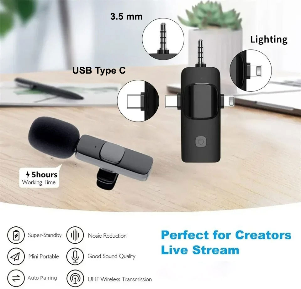 TaffSTUDIO UHF Wireless Lavalier Microphone Vlogger Live 3.5mm 3in1 - K15