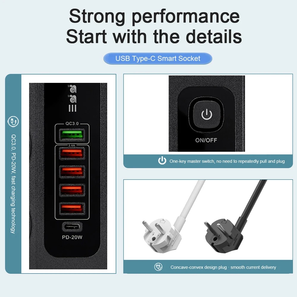 ASOMETECH Power Strip Stop Kontak Listrik 6 Plug EU USB 250V 3000W - BKL-11EU