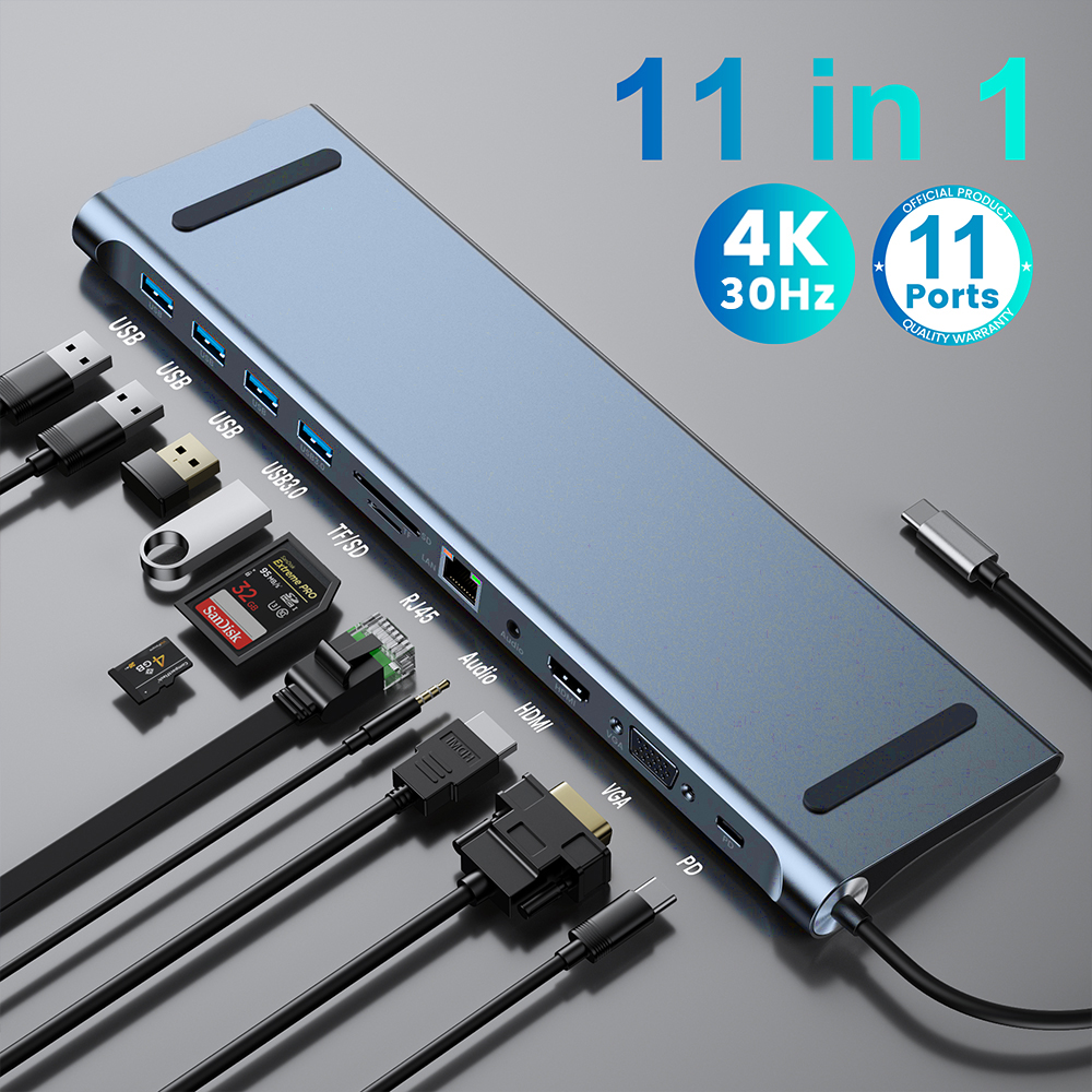 Docktion USB Hub Type C Adaptor 11in1 HDMI 4K AUX Card Reader - BYL-2003