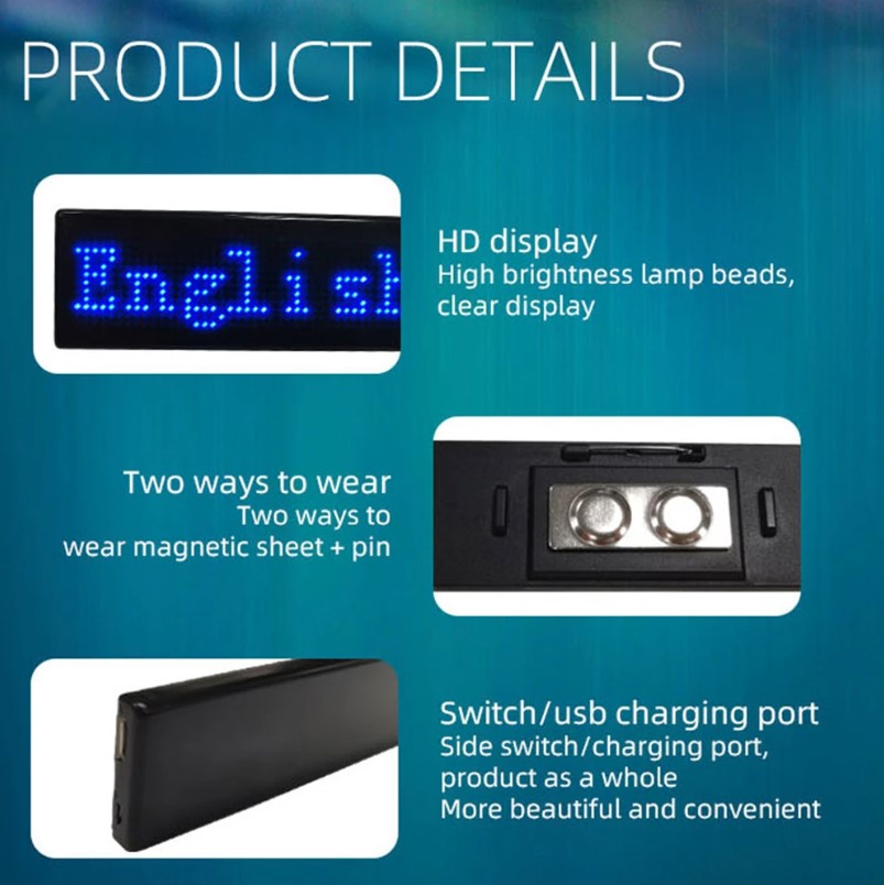 WITZY LED Badge Text Display Screen Bluetooth Red Text 9.8x0.8x2.2cm - W98