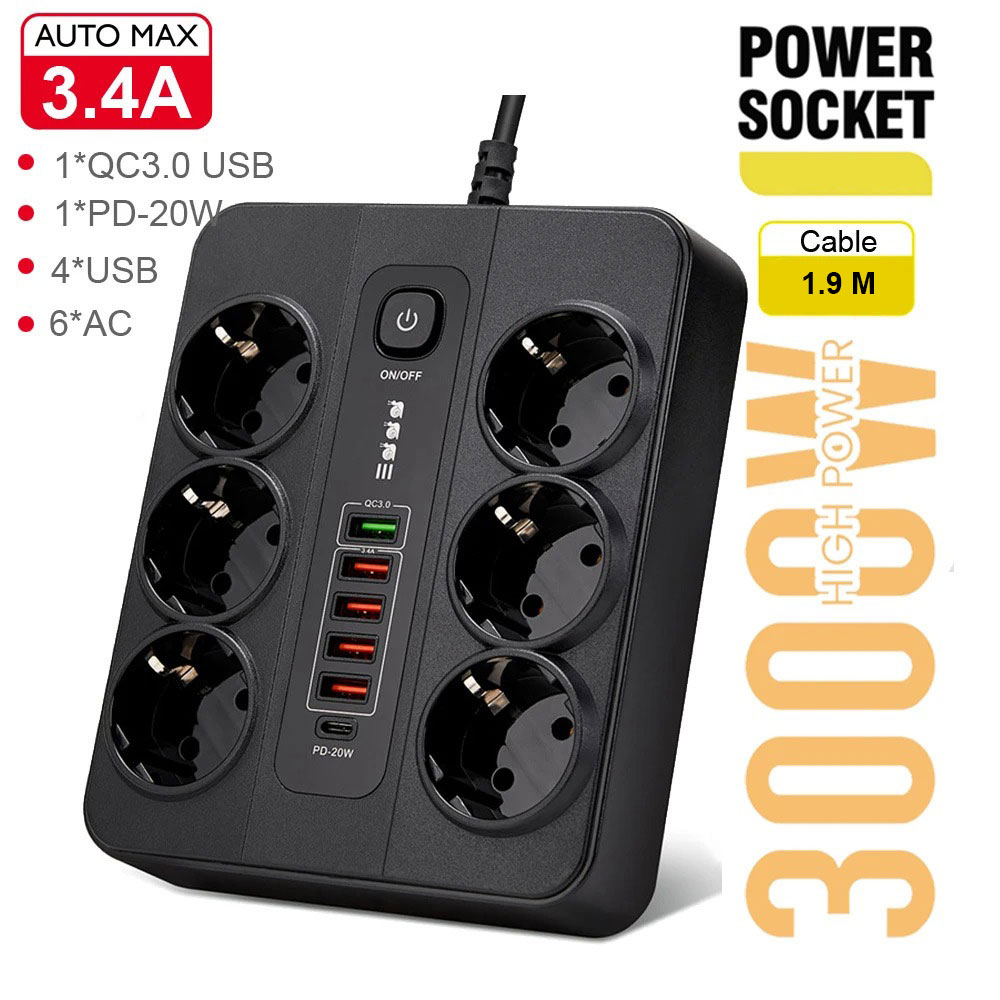 ASOMETECH Power Strip Stop Kontak Listrik 6 Plug EU USB 250V 3000W - BKL-11EU