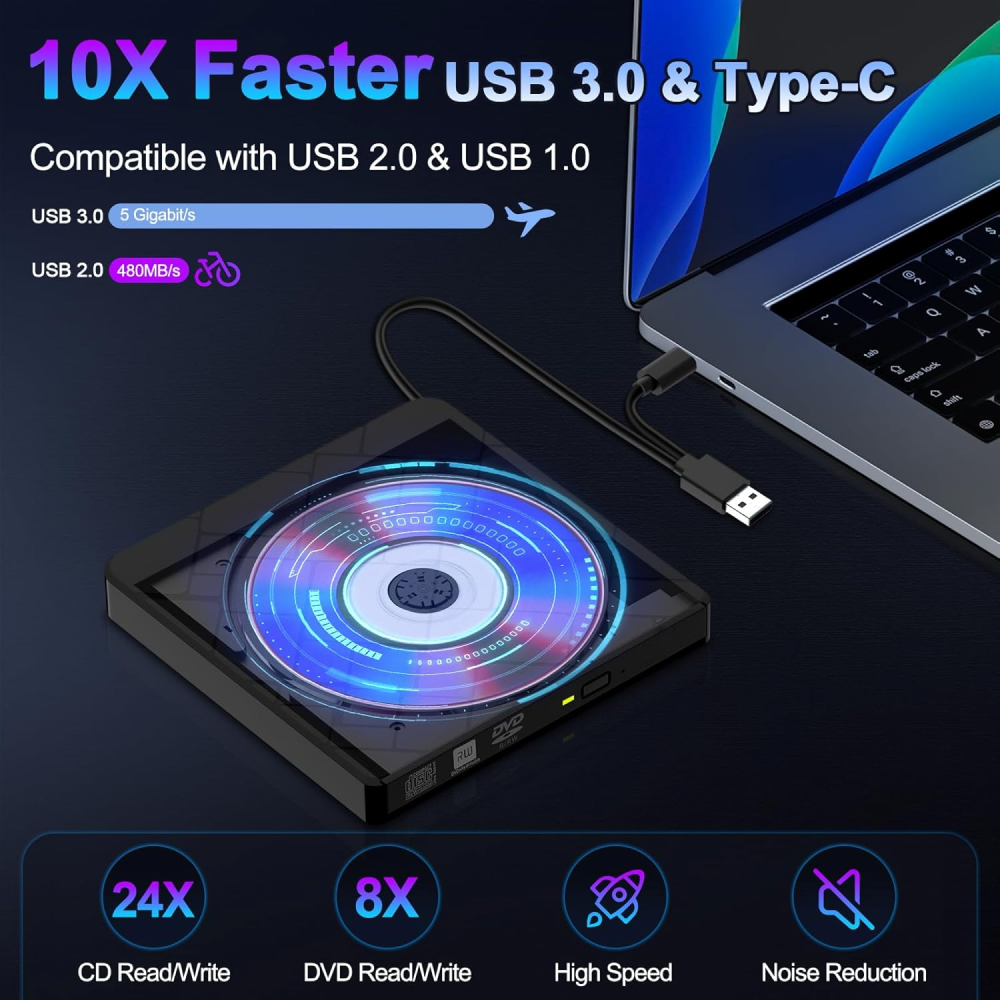 BEIZKNA External CD/DVD RW Optical Drive USB 3.0 Type C for Laptop - BZ347