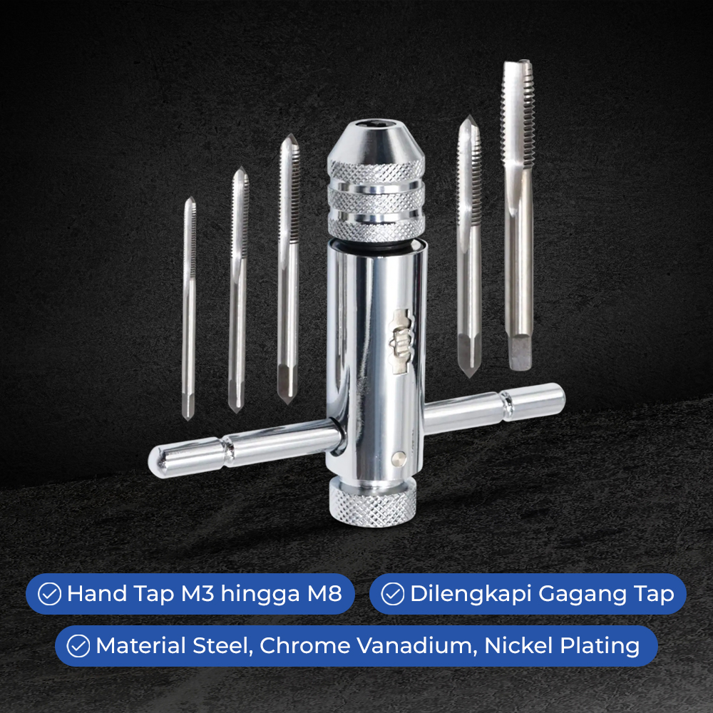 WOZOBUY Set Hand Tap M3-M8 Pembuat Drat Ulir dengan Gagang - WO-8