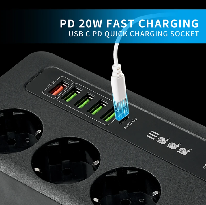 BUZZ Power Strip 3 Plug EU USB Type C PD 20W QC3.0 250V 3000W - BKL-04EU