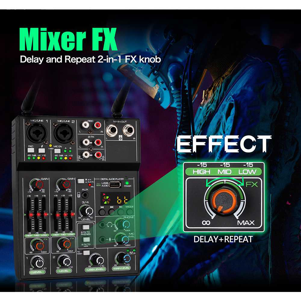 DGNOG Audio Mixer Console 5 Channel Bluetooth with 2 Microphone - R4-PRO
