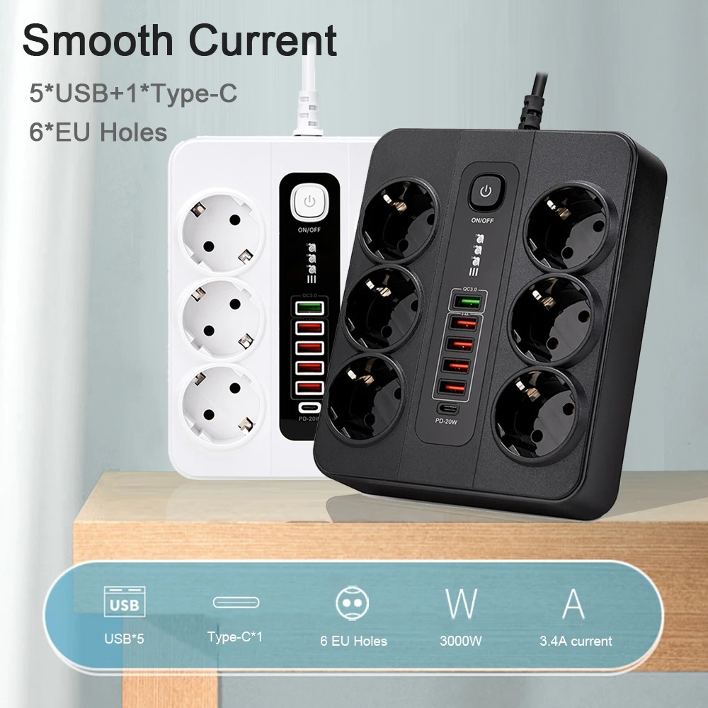 ASOMETECH Power Strip Stop Kontak Listrik 6 Plug EU USB 250V 3000W - BKL-11EU
