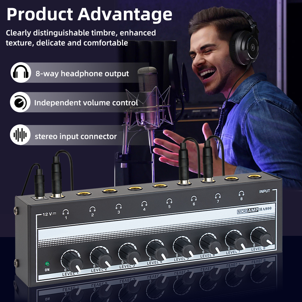 Micro Audio Amplifier Headphone Splitter 8 Channel Volume Control - HA800