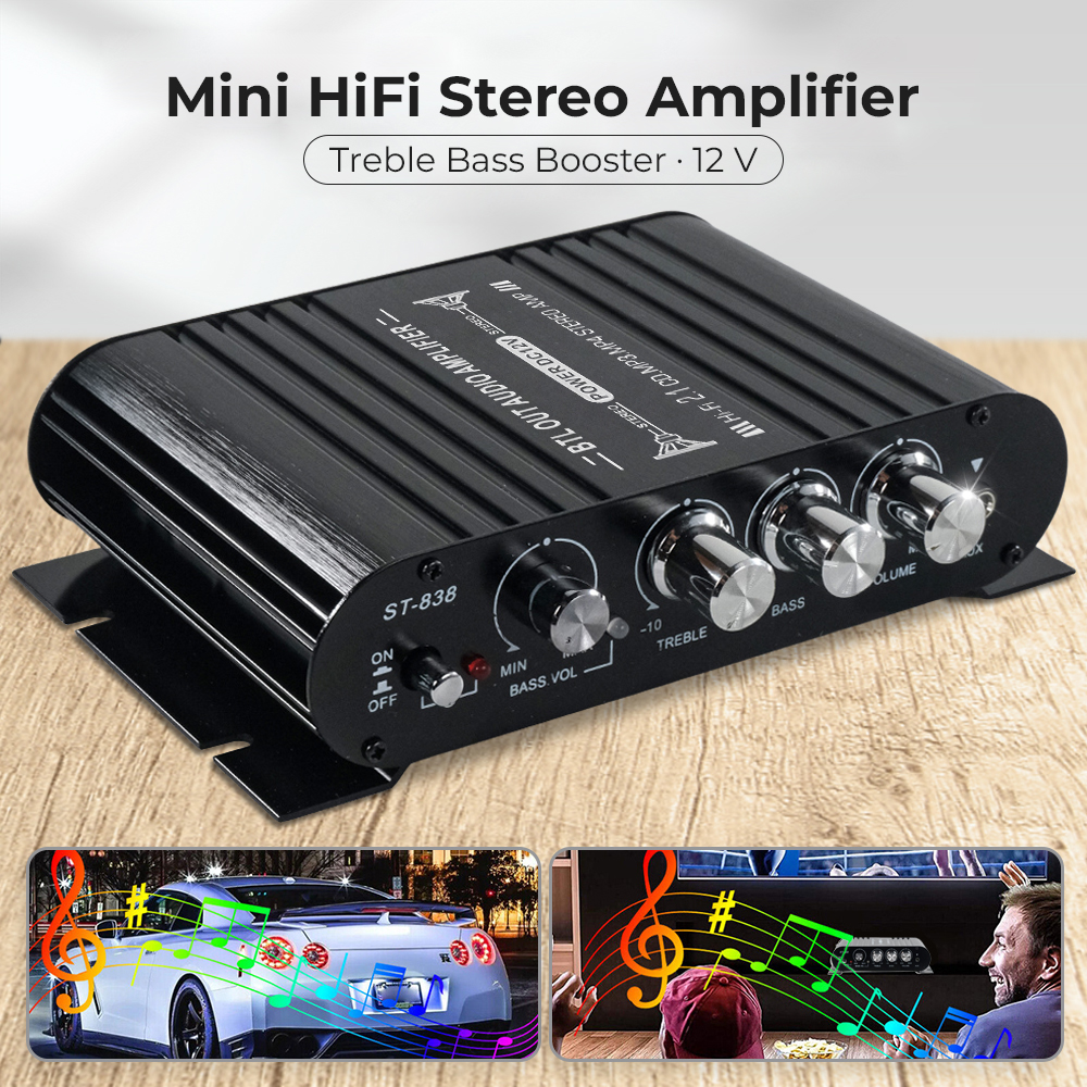 LVPIN Mini HiFi Stereo Amplifier Treble Bass Booster 12V - ST-838