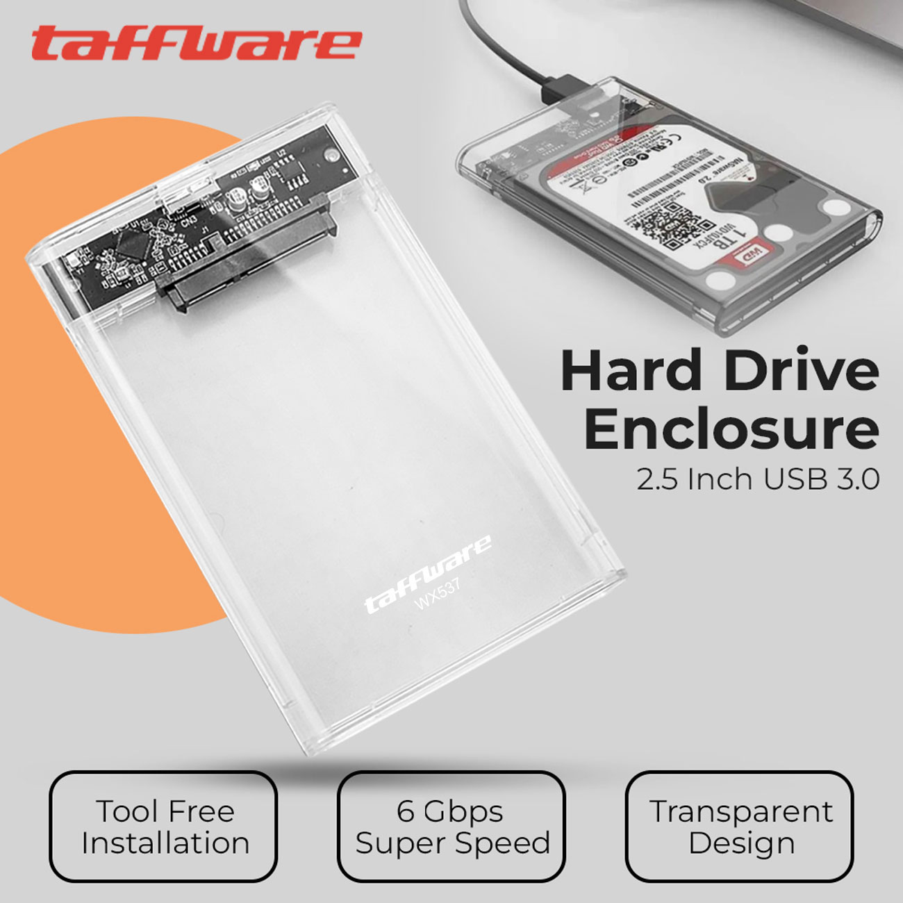 Taffware Hard Drive SSD Enclosure 2.5 Inch USB 3.0 to USB Micro B 3.0 - WX537