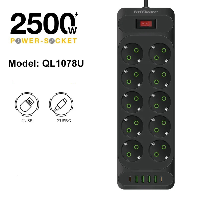 Taffware Stop Kontak USB Type C EU Plug 10A 110-250V 2500W - QL-1077U / QL-1078U