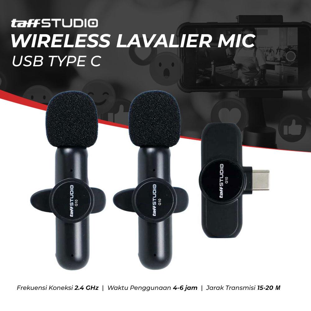 TaffSTUDIO Wireless Lavalier Microphone 2 Mic 2.4GHz USB Type C - G10