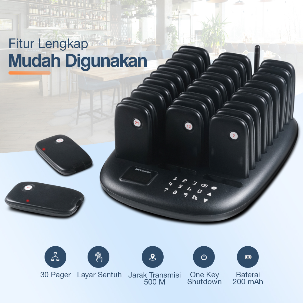 RETEKESS Wireless Calling System Restaurant Mesin Antrian 30 Pager - TD175P