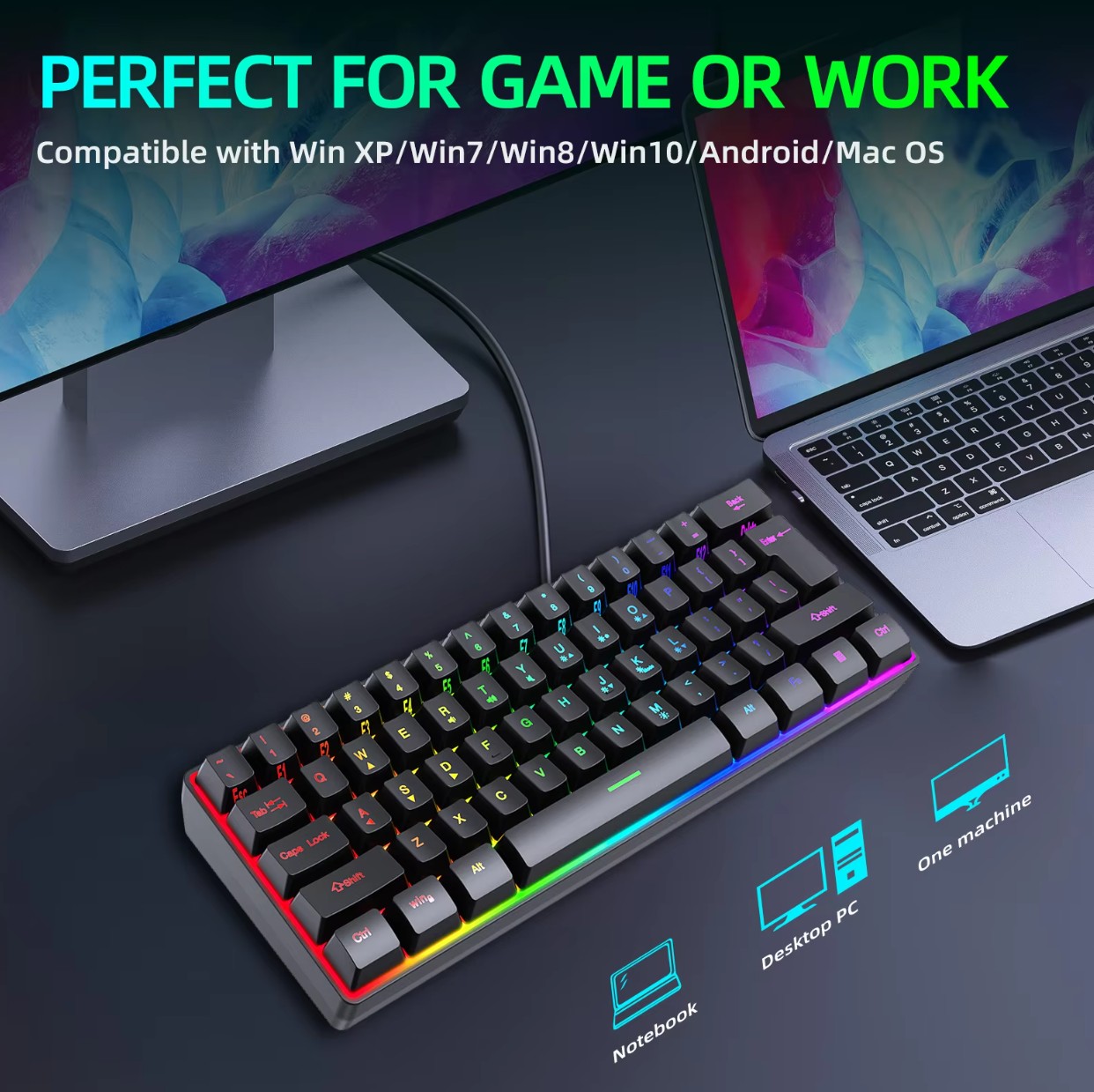 Y-FRUITFUL Keyboard Gaming RGB Backlit Mechanical Feel 61 Key Wired - K401