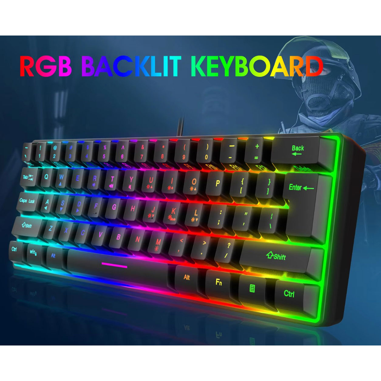 Y-FRUITFUL Keyboard Gaming RGB Backlit Mechanical Feel 61 Key Wired - K401