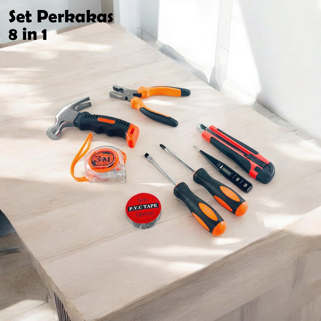 Alat Set Perkakas Tang Palu Obeng Cutter Meteran 8in1
