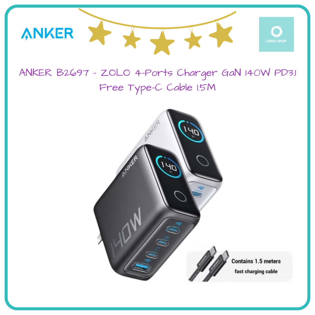 Jual ANKER B2697 ZOLO 4-Ports Charger GaN 140W Free