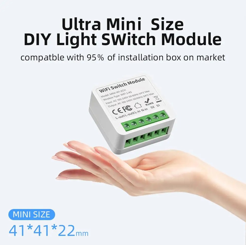 Aubess Mini Smart Switch WiFi Tuya 2 Channel Control Module 10A - MINI-W1-2CH