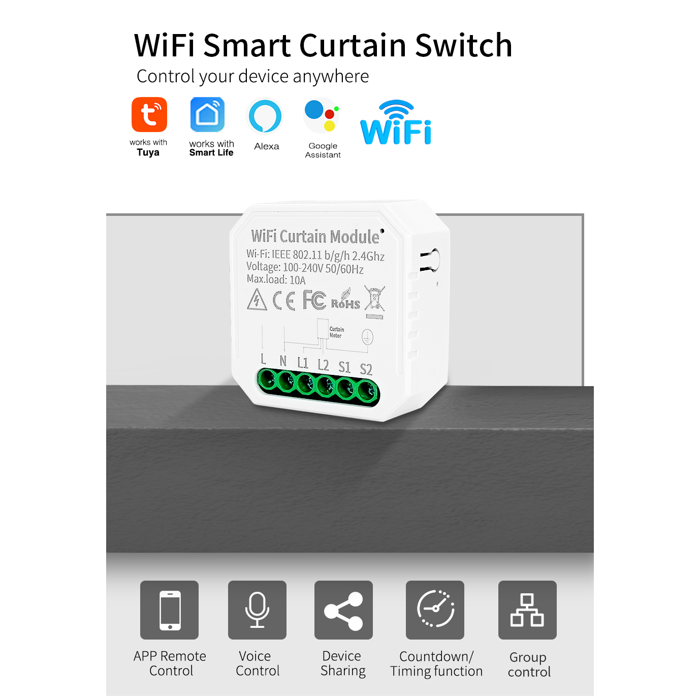 SIXWGH Mini Smart Curtain Switch WiFi Tuya 2 CH Control Module 10A - WHD09