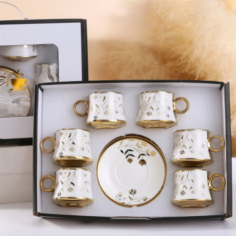 ONLYJIA Set Cangkir Kopi Keramik 6in1 Plated Pattern Coffee Cup 180ml - DW335