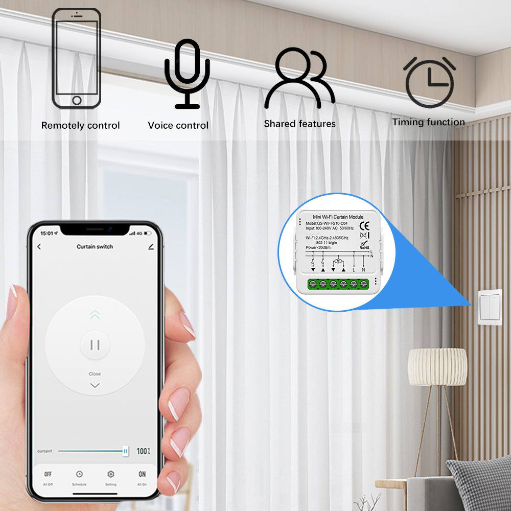 Aubess Mini Smart Curtain Switch WiFi Tuya 1 CH Control Module 5A - QS-WIFI-S10-C04