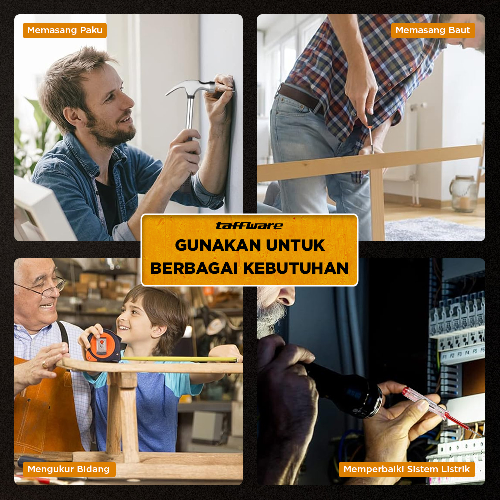Taffware Alat Set Perkakas Palu Obeng Cutter Meteran 8in1