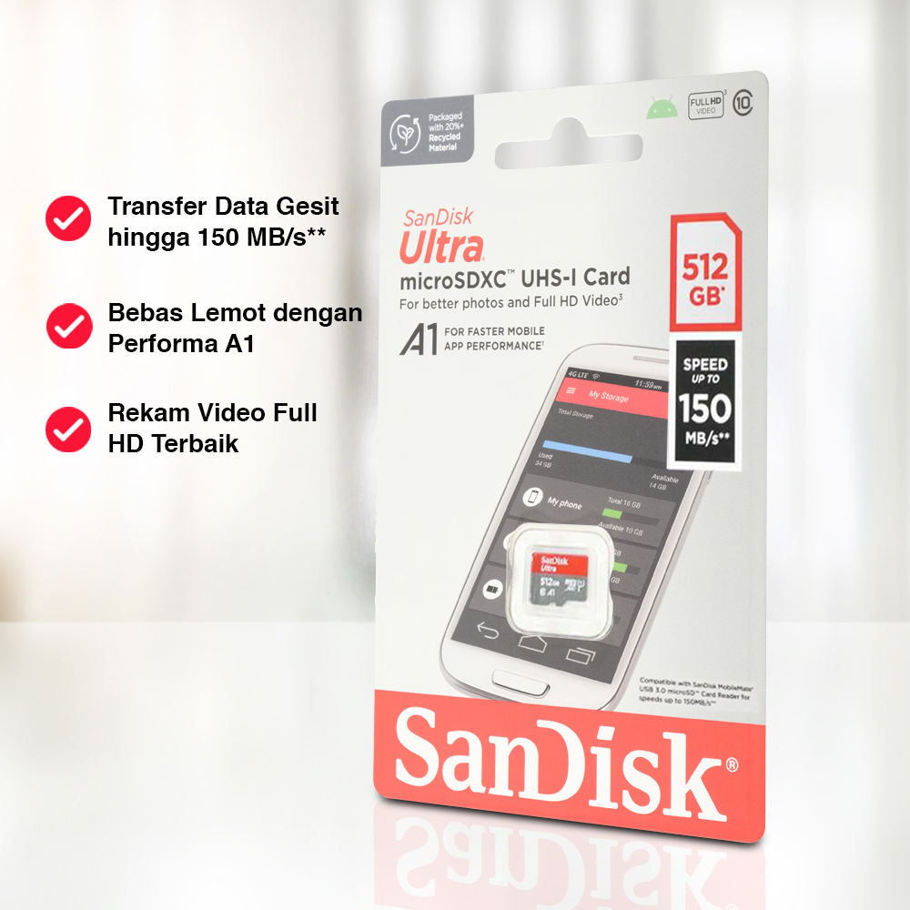 Kartu Memori CCTV MP3 Penyimpanan Ultra microSDXC Card UHS-I Class 10 A1 150MB/s - SDSQUAC