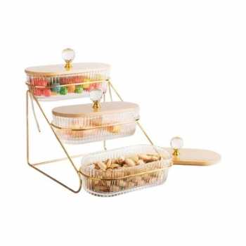 Toples Kaca Oval Dengan Rak 3 Tingkat Tempat Kue Snack Gold WMO IF3381