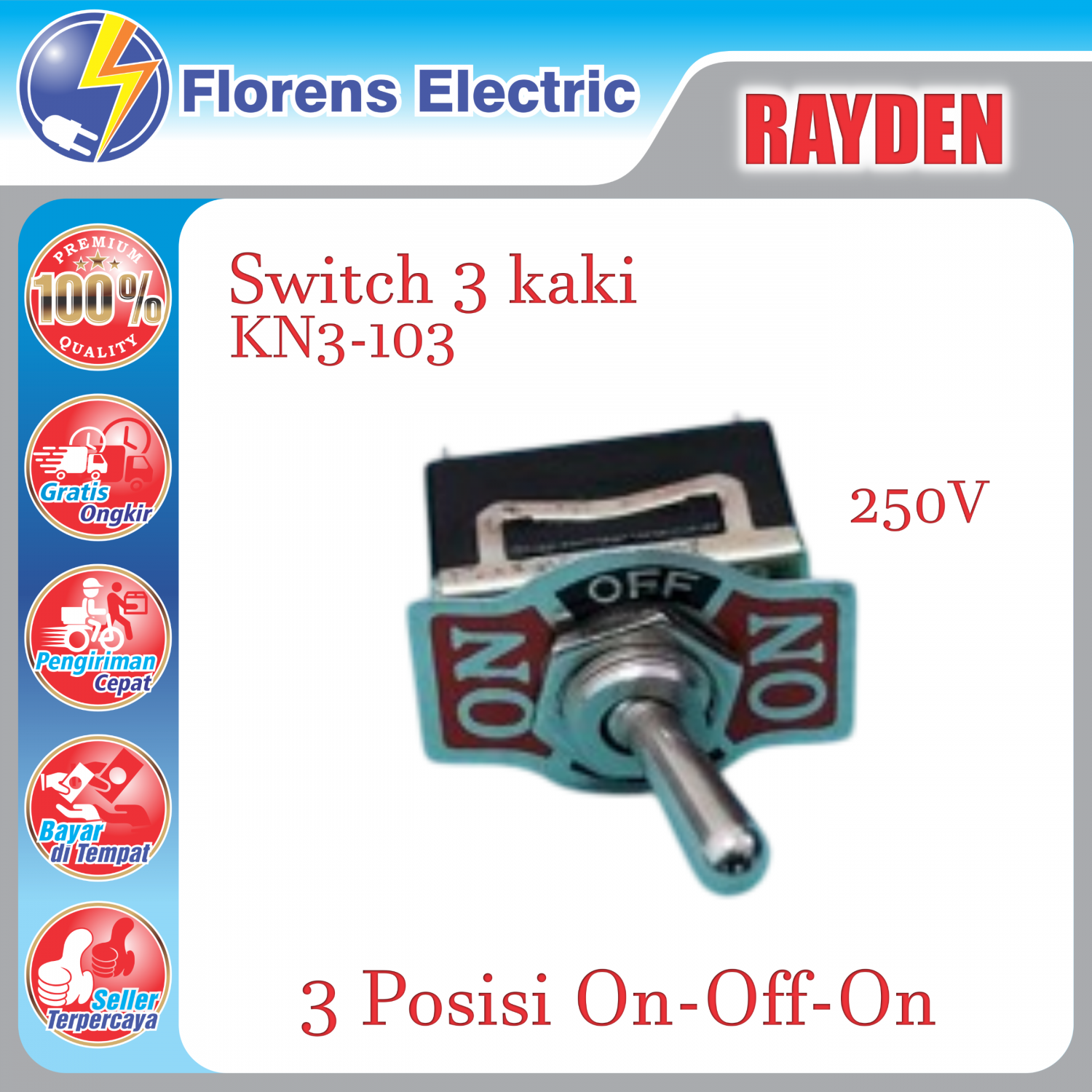 Jual KN3-103 RAYDEN Switch 3 Kaki 3 Posisi On-Off-On 3 pin HITAM