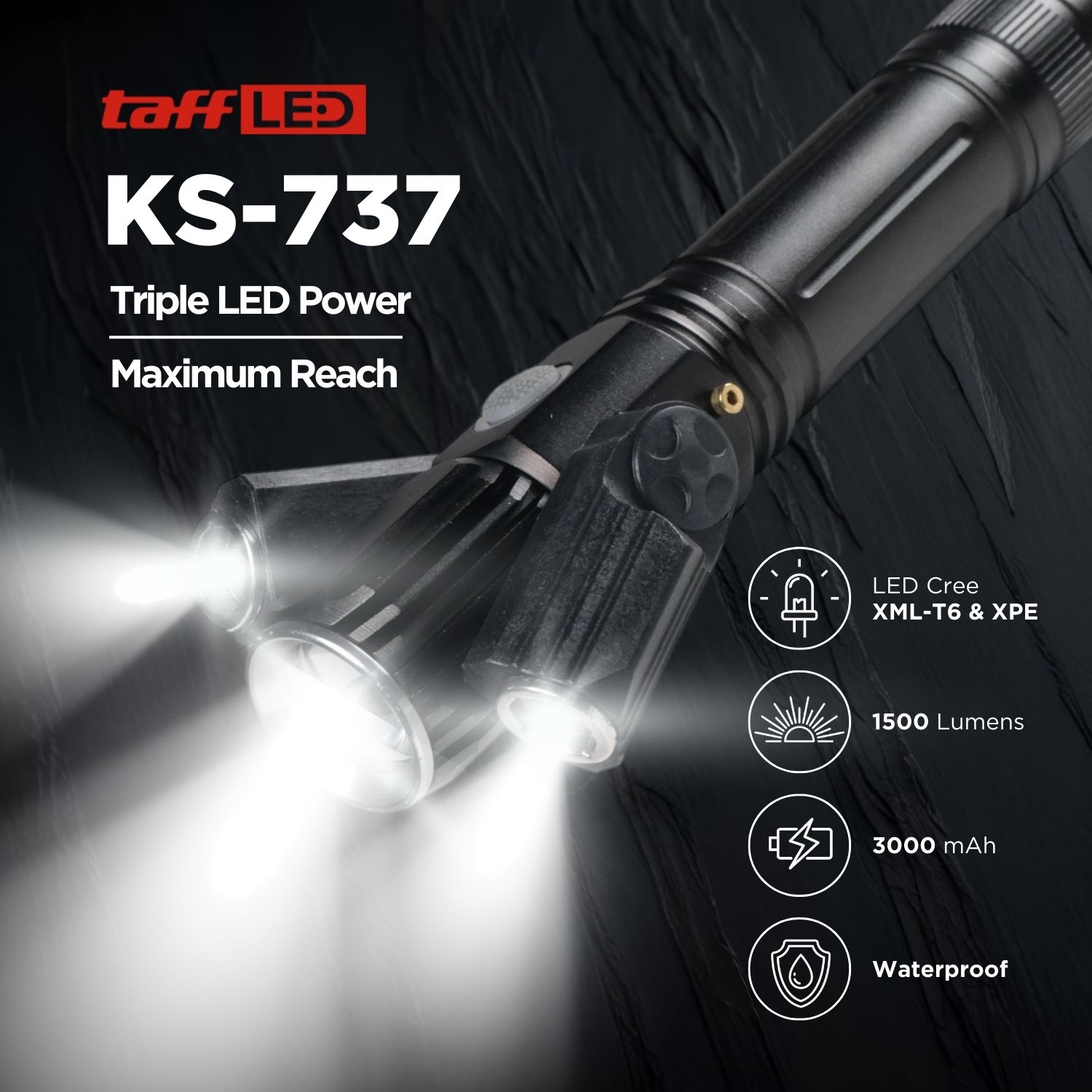 TaffLED Senter LED Telescopic Zoom Cree XML-T6 dan 2x XPE 1500 Lumens - KS-737