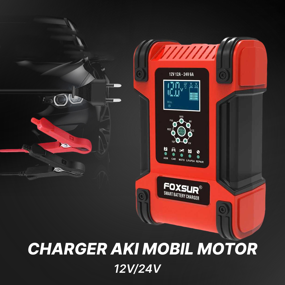 FOXSUR Charger Aki Mobil Motor Intelligent Battery Charger 12-24V 12A - FBC122412D