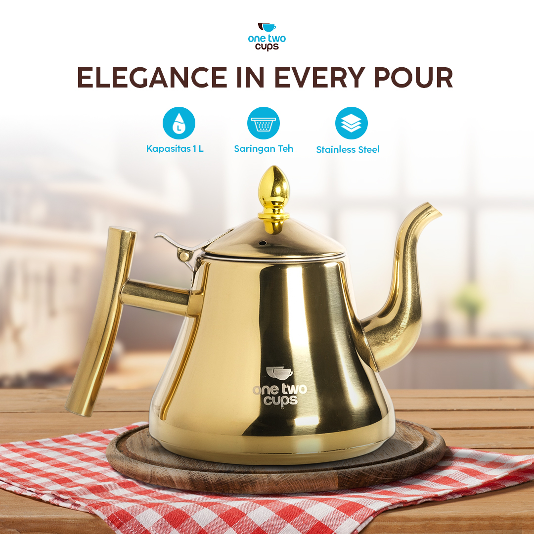 One Two Cups Teko Air Panas Teh Teapot Stainless Steel 1L with Filter - HS4012