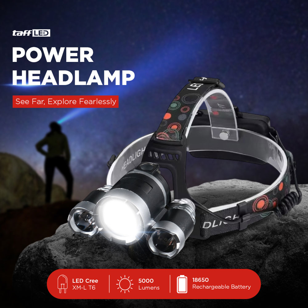 TaffLED Power Headlamp 3 LED 5000 Lumens Cree XM-L T6 - HD-LD