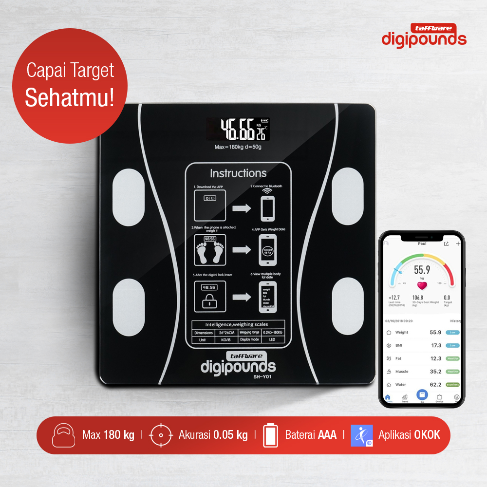 Taffware Digipounds Timbangan Badan Digital Scale 180kg - SH-Y01