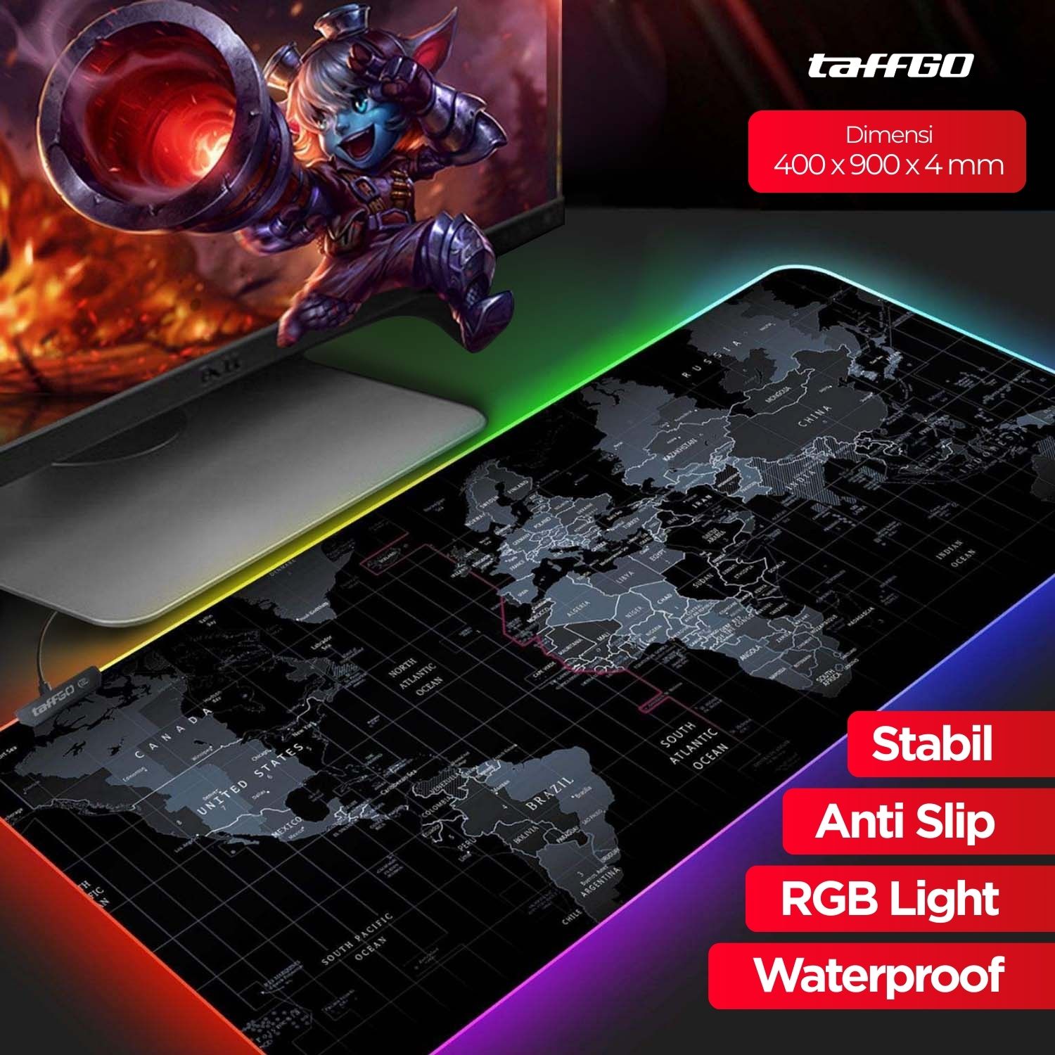 TaffGO Gaming Mouse Pad XL Peta Dunia with LED RGB - RGB-03
