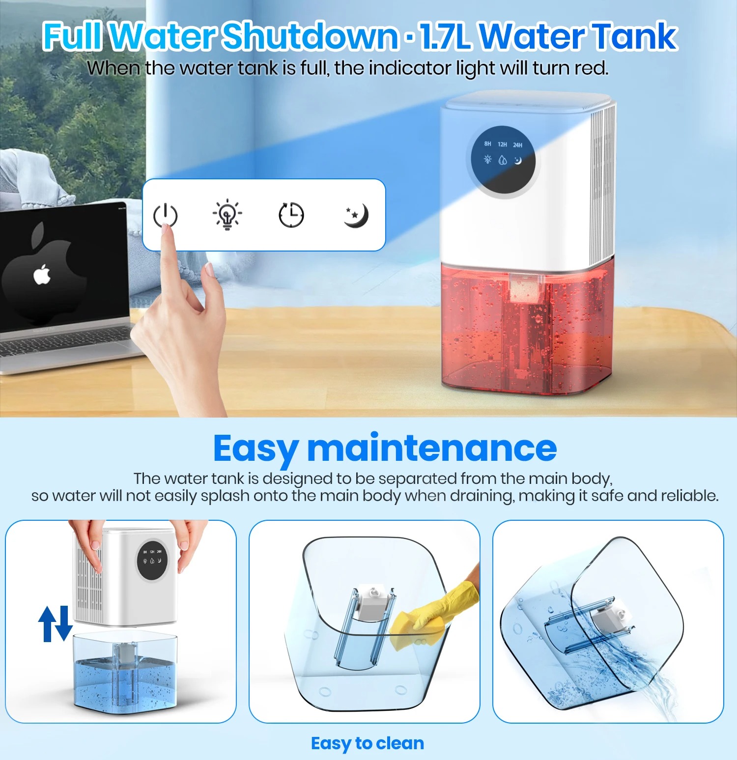 AGOLA Smart Dehumidifier Moisture Absorber Low Noise 1.7L Auto Shut - B221