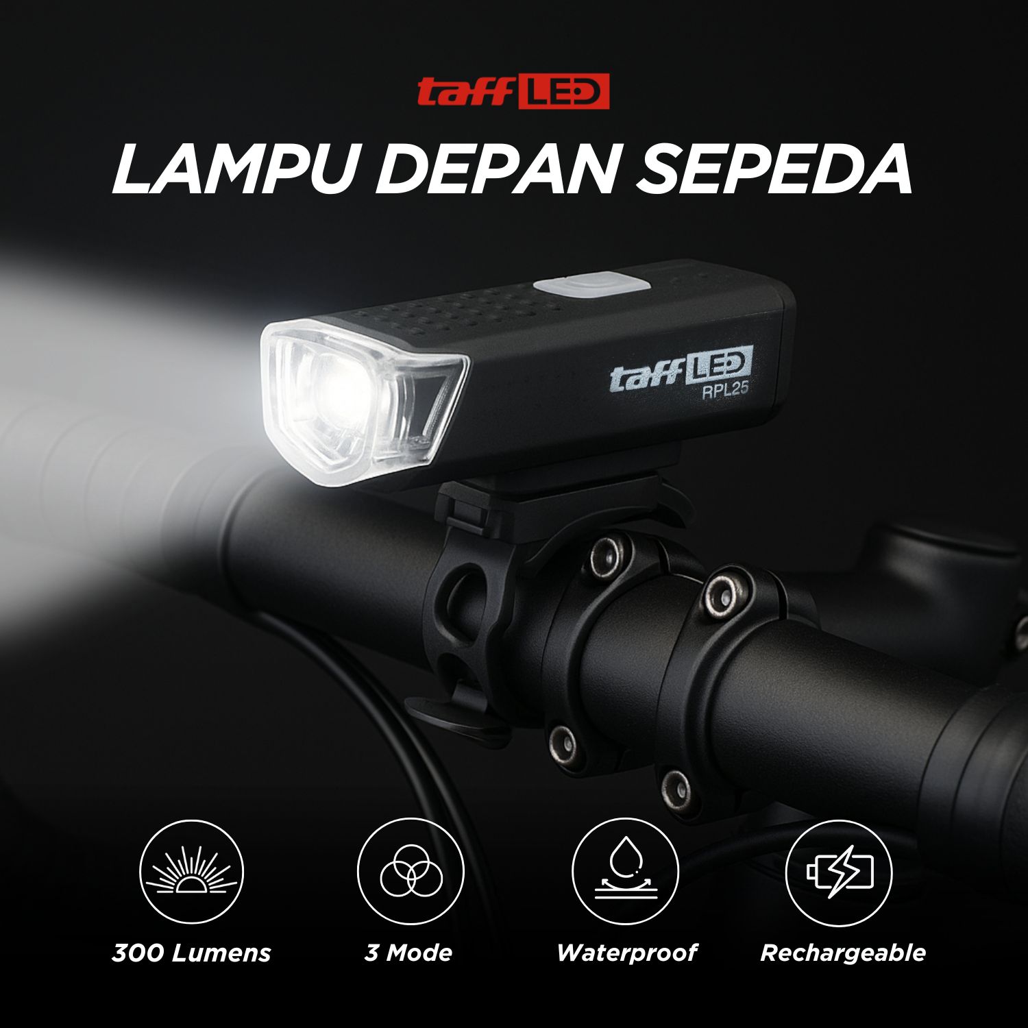 TaffLED Lampu Depan Sepeda LED USB Rechargeable 800mAh 300 Lumens - RPL25