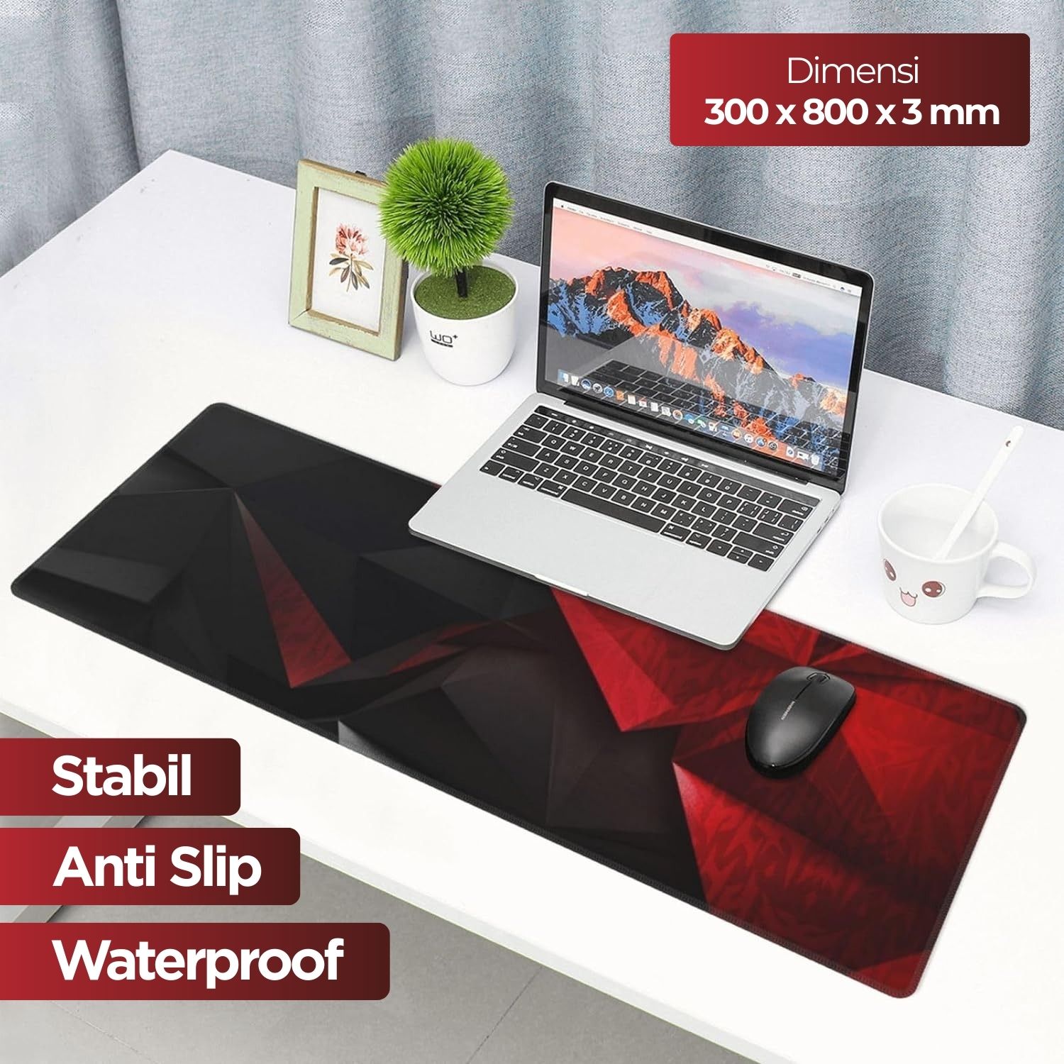 Kimsnot Mouse Pad Rubber Stitched Red Black Abstract 800x300x3mm - K-38