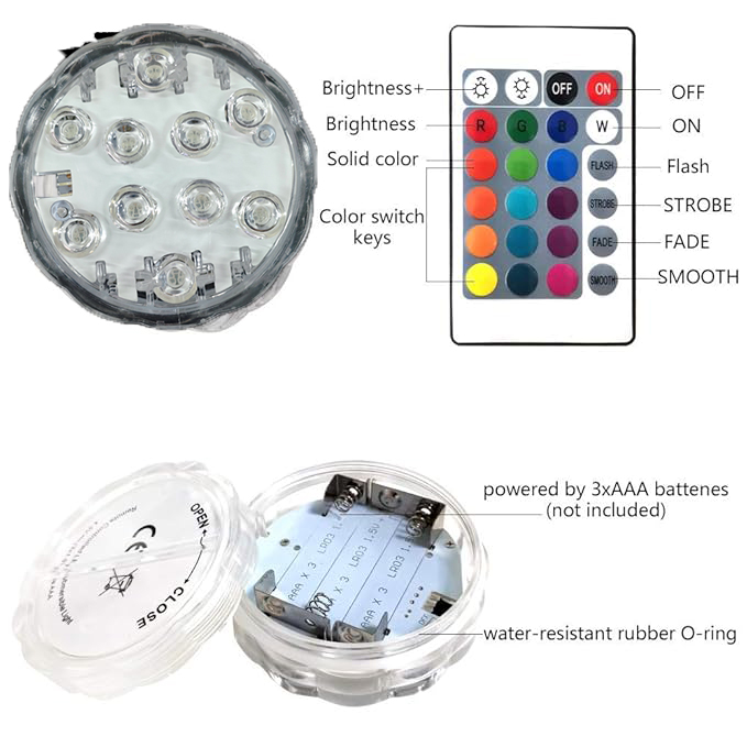 Lampu Hias RGB Bawah Air Submersible Waterproof 10 LED with Remote - 13017