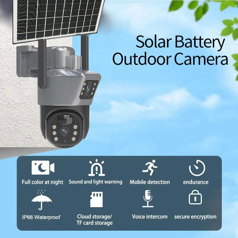 Larmcam Kamera CCTV Solar Panel Dual Lens PTZ Two Way Audio PIR WiFi - T4B