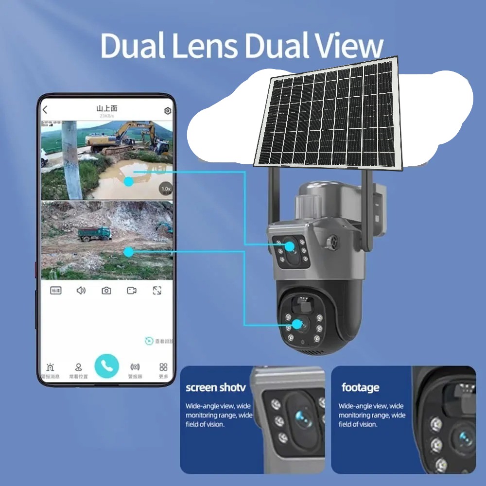 Larmcam Kamera CCTV Solar Panel Dual Lens PTZ Two Way Audio PIR WiFi - T4B
