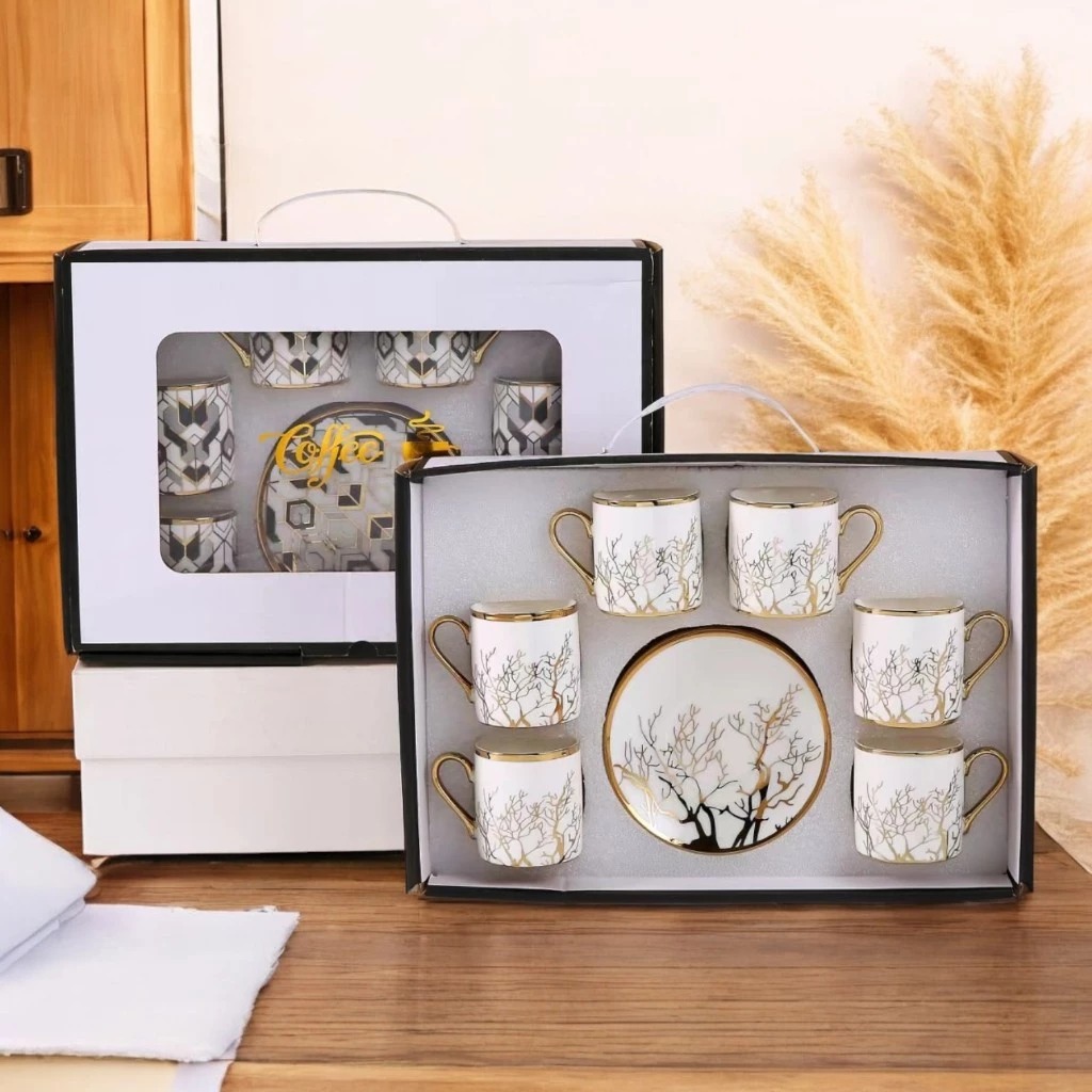 ONLYJIA Set Cangkir Kopi Keramik 6in1 Plated Pattern Coffee Cup 90ml - DW3355