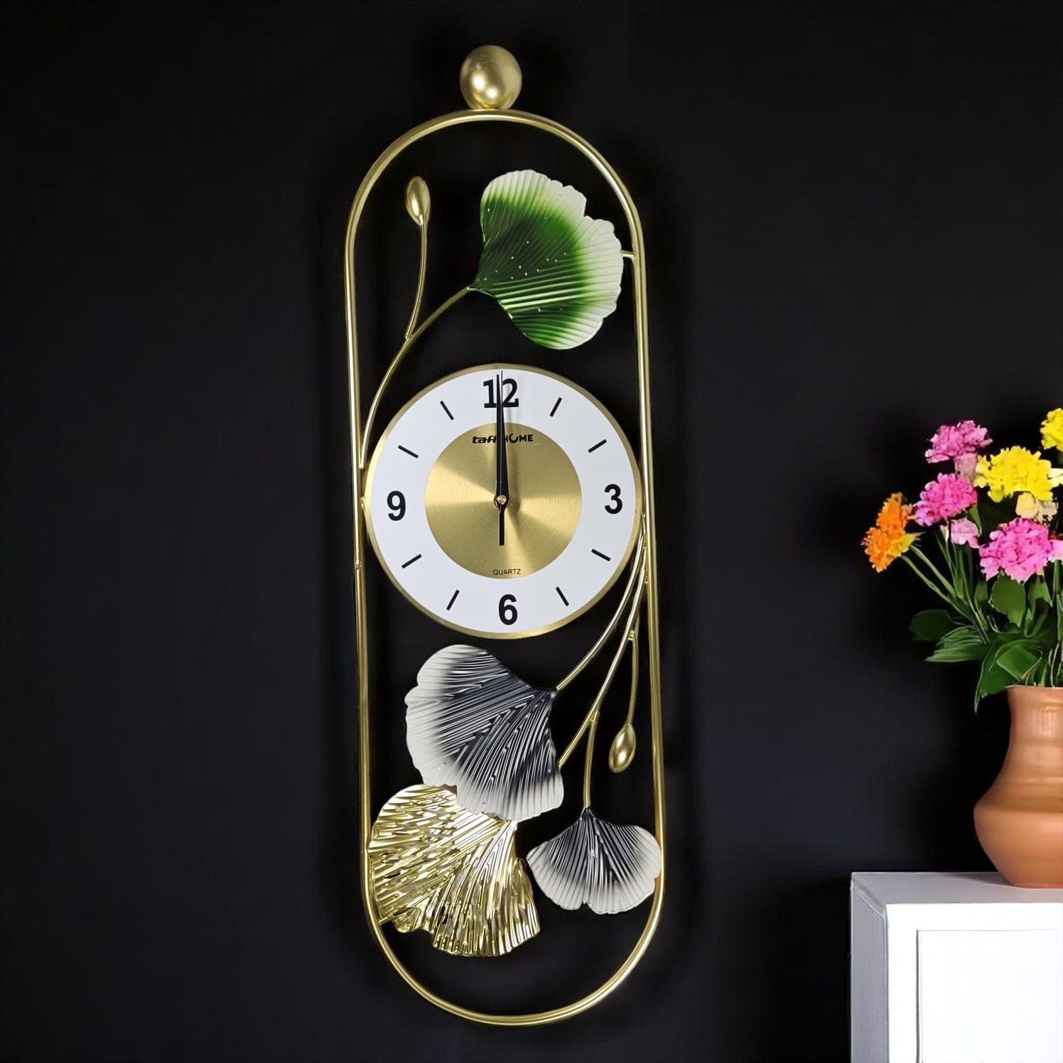 TaffHOME Jam Dinding Aesthetic Ginkgo Biloba Iron Silent Clock 77cm - M2126