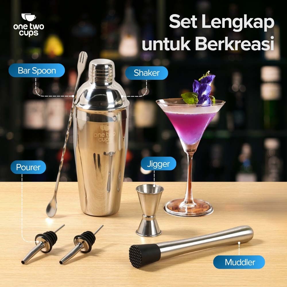 One Two Cups 6in1 Bartender Cocktail Shaker Jigger Bar Spoon 750ml - BA016