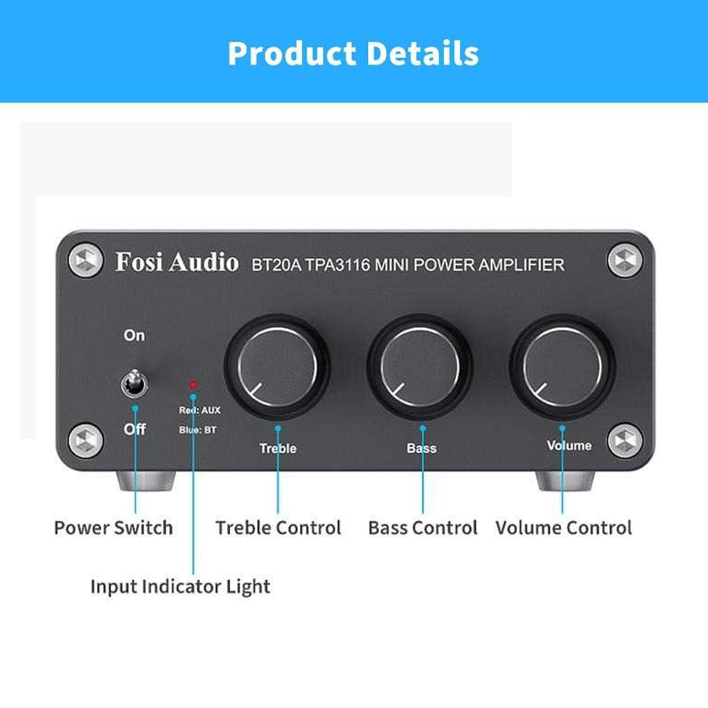 Fosi Audio Mini Power Amplifier Bluetooth 5.0 2 Channel TPA3116 - BT20A