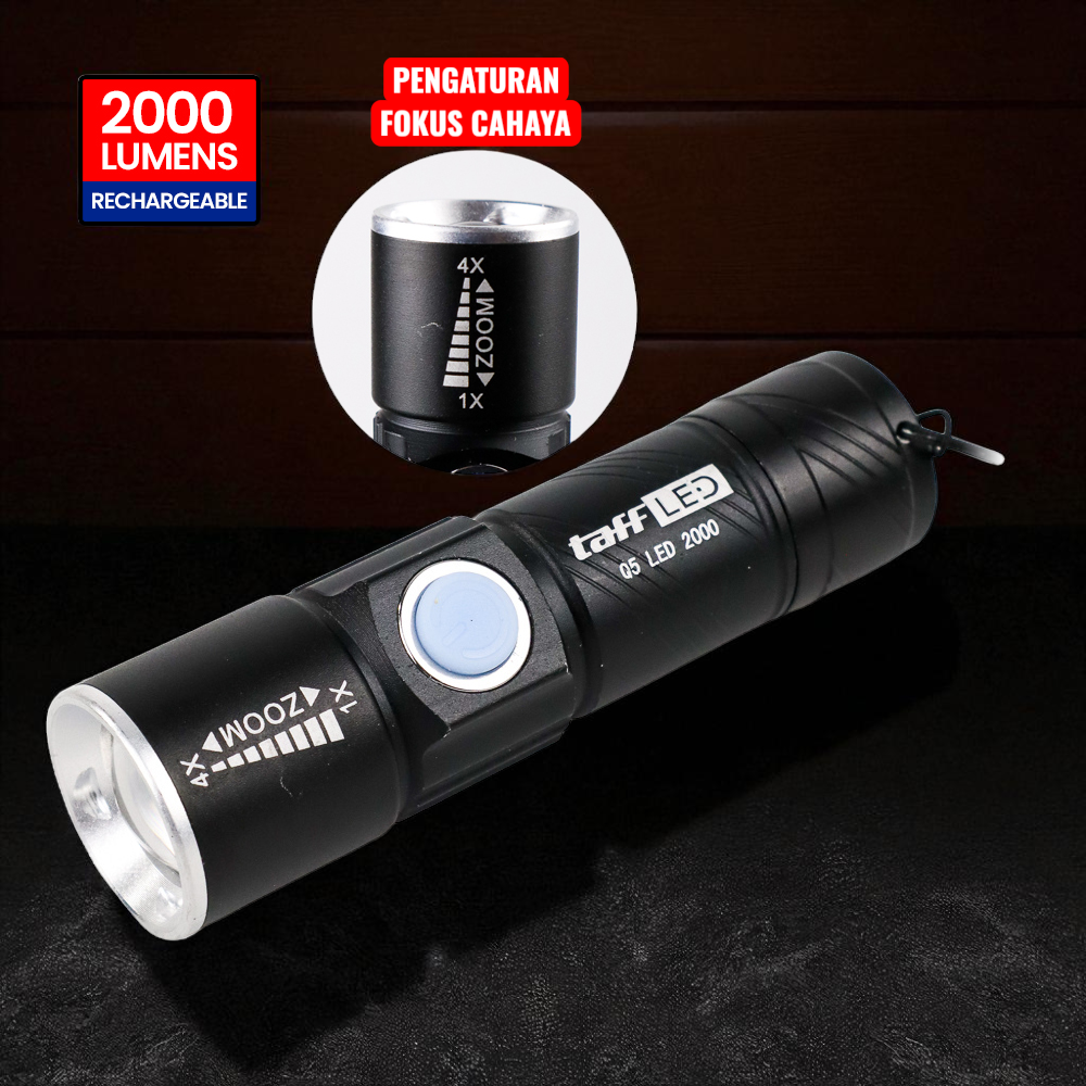 TaffLED Senter LED Mini Zoom Flashlight USB Rechargeable Q5 2000 Lumen