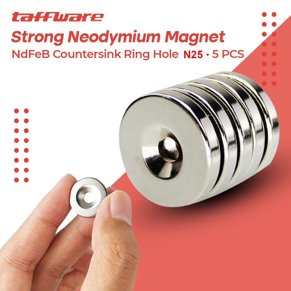 Taffware Strong Neodymium Magnet NdFeB Countersink Ring Hole N35 5 PCS - D21