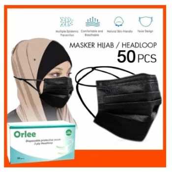 Masker ORLEE Headloop Hijab 3 Ply Face Mask 1 box isi 50 Pcs