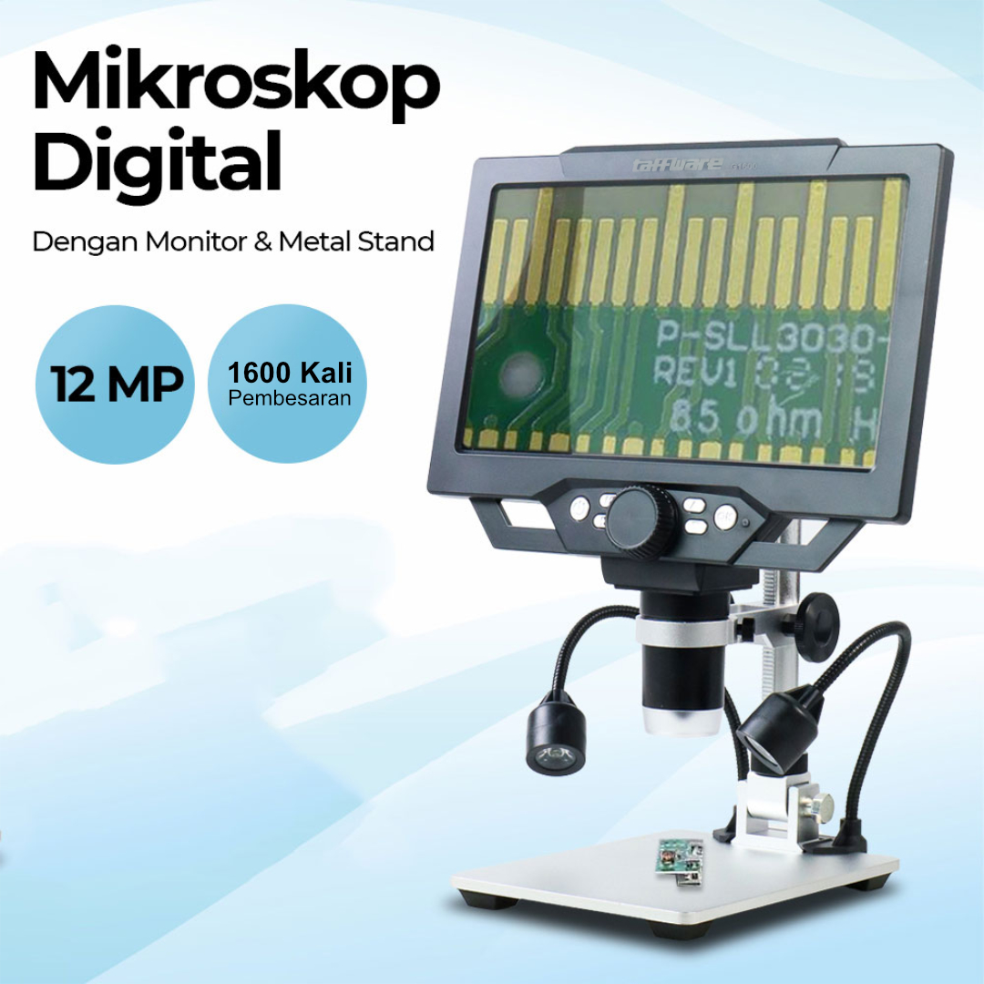 Taffware Mikroskop Digital 12MP 1600X dengan Monitor and Metal Stand - G1600